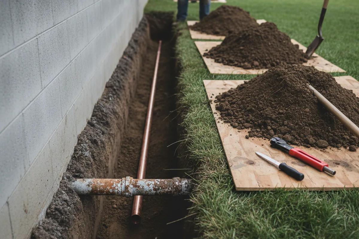Excavated water line trench during Sewer Line Repair in White Plains